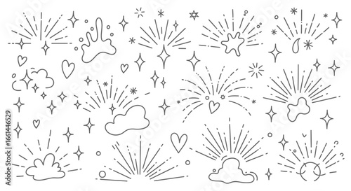Create a whimsical and magical design with these hand-drawn starbursts, stars, hearts, and clouds