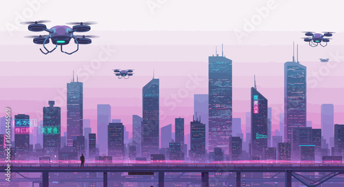 Futuristic city skyline at dusk with multiple drones flying above tall skyscrapers and a lone figure on a bridge, bathed in vibrant purple and pink neon lights.