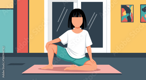 Illustration of a woman stretching on a yoga mat at home, promoting health, flexibility, and wellness. Ideal for fitness and lifestyle content.
