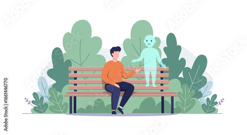 A man on a park bench converses with a translucent blue human-like spirit or virtual entity.