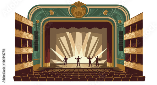 Four silhouetted performers on a grand theater stage with radiating spotlights and empty audience seating.