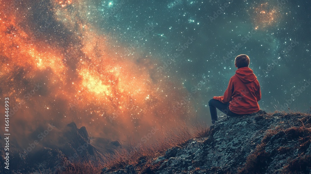Fototapeta premium Silhouette of a man looking up at a nebula in the night sky, cosmic wonder, awe of nature, meditation, peaceful, contemplation