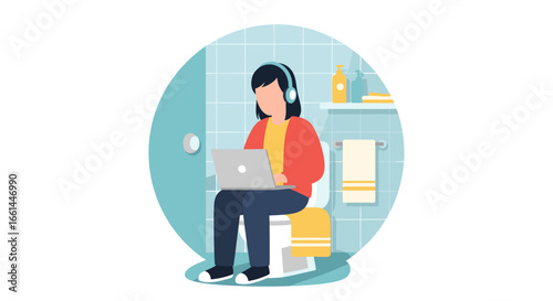 Person wearing headphones working on a laptop while sitting on a toilet in a bathroom. Represents remote work, multitasking, and modern lifestyle challenges.