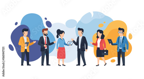 Diverse business professionals collaborate and communicate, utilizing technology for teamwork and corporate success. Ideal for concepts of strategy, development, and modern office productivity.
