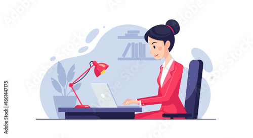 Professional woman in a red suit working diligently on a laptop at her desk, symbolizing productivity, remote work, and modern business efficiency.