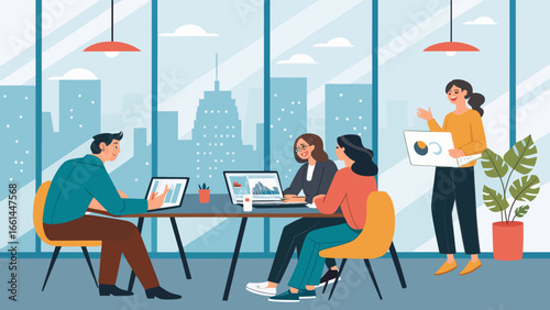 Dynamic business team collaborating in a modern office, utilizing laptops and presenting ideas against a city skyline. Professional teamwork and corporate strategy.