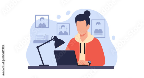 Person focused on working remotely at a desk with a laptop, illuminated by a lamp. Represents modern productivity, online collaboration, and digital learning for business and lifestyle.
