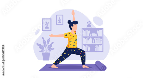 Person practicing yoga at home, finding balance and wellness. Ideal for illustrating healthy lifestyle, fitness, relaxation, or mental well-being concepts.