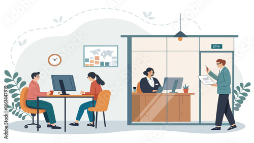 Diverse team collaborating and working diligently in a modern, productive office environment. Illustrates business operations, teamwork, and professional life.