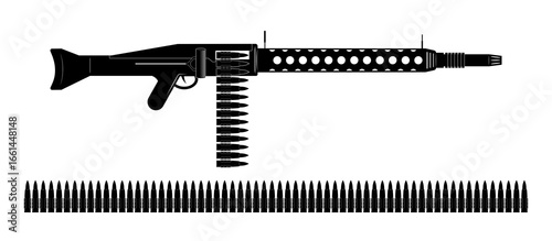 Machine gun and bullet belt on white background