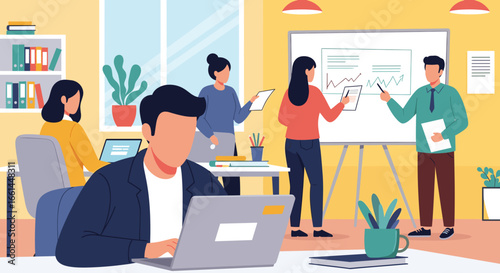 Professionals collaborate in a modern office, with a team presentation at a whiteboard and a colleague working on a laptop. Represents teamwork and productivity.