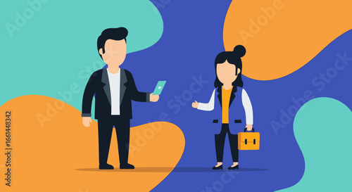 Professional man and woman in a flat design illustration, engaged in a business interaction. Concepts of digital communication, partnership, and information exchange.