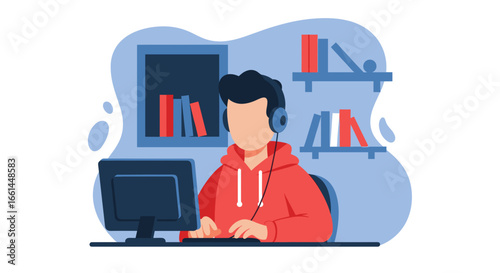 Young person in headphones focusing on a computer, surrounded by books. Ideal for online learning, remote work, or a digital lifestyle concept.