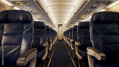 empty airplane cabin interior aisle passenger seats aviation travel