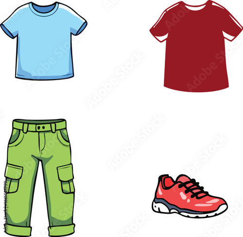 Casual clothing vector set with t-shirts, cargo pants, and athletic shoe for fashion, apparel, and retail design themes