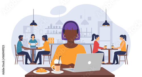 Focused young woman in headphones working remotely on her laptop at a busy cafe, enjoying coffee and a croissant. Represents modern flexible work, freelance, and a productive lifestyle.