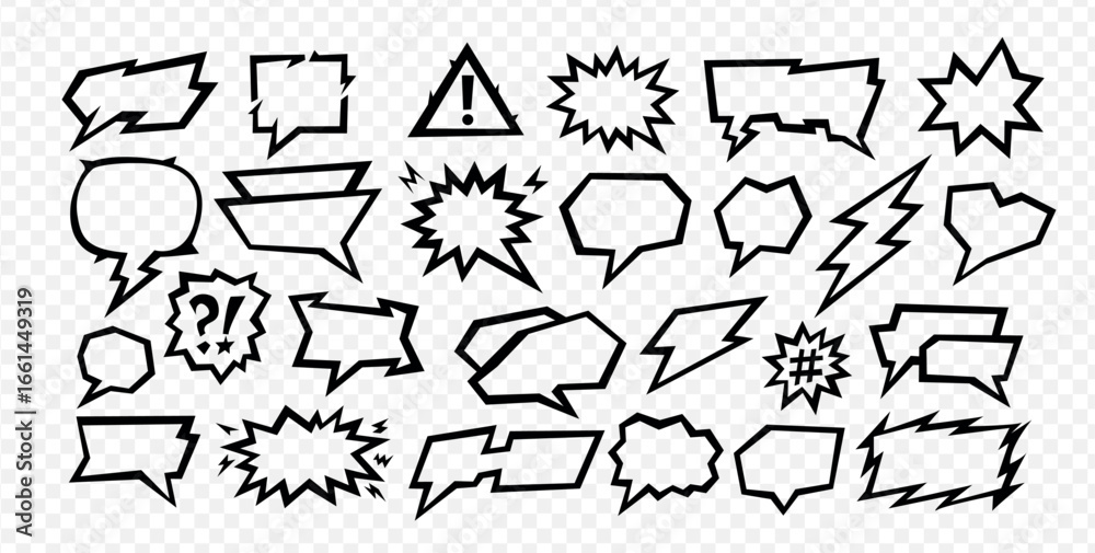 Naklejka premium A manga speech balloon shows a comic text inside a talk box with a sharp frame vector outline. Manga speech collection includes cartoon bubbles, dialog elements and chat icons for background use.