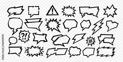 A manga speech balloon shows a comic text inside a talk box with a sharp frame vector outline. Manga speech collection includes cartoon bubbles, dialog elements and chat icons for background use.