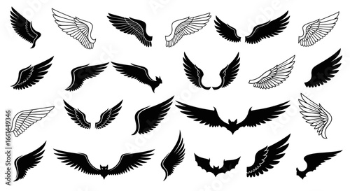 Elegant angel wing silhouettes and bat wings collection, perfect for gothic designs or fantasy illustrations