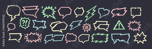 A comic conversation bubble appears as a speech frame where the line and talk icon shape the vector set. Comic conversation elements show doodle chat boxes and cartoon outline balloons for bg design.