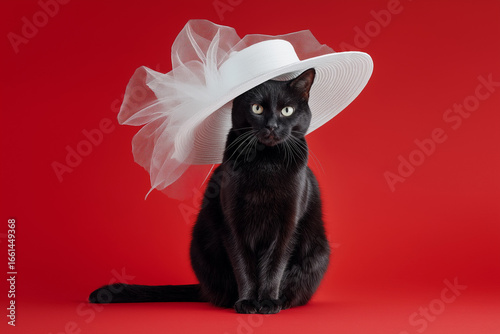 black cat with a white hat on red background