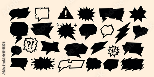 A comic conversation form builds bold speech line and talk frame used as vector icon. Comic conversation silhouettes present black chat boxes, doodle bubbles and manga outline elements for bg.