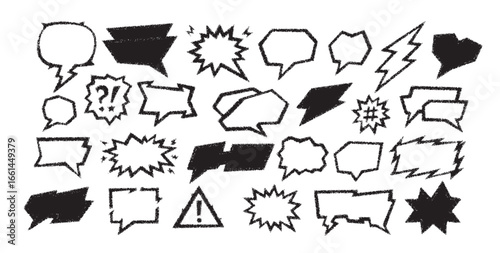 Crayon speech frame bubble set with text box in chalk style. Crayon speech chalkboard bg shows hand drawn dialog balloon, doodle chat cloud and japan handwriting cartoon line vector illustration.