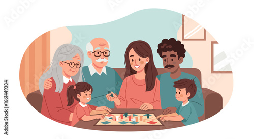 Joyful multi-generational family playing a board game at home, fostering connection and creating happy memories. Ideal for lifestyle and togetherness concepts.