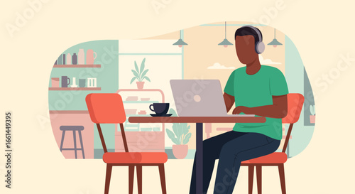Person working remotely on a laptop in a cozy cafe, wearing headphones. Ideal for concepts of productivity, digital nomad lifestyle, and freelance work.