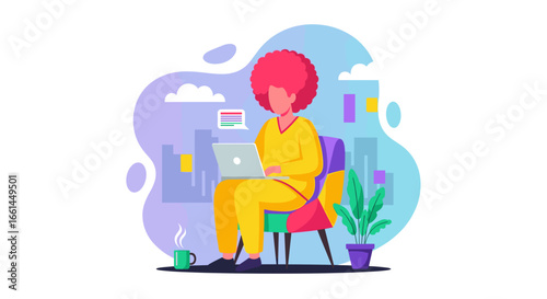 Person with vibrant red hair working on a laptop from home, embodying remote work, freelancing, and online communication. Ideal for concepts of productivity and flexible lifestyle.