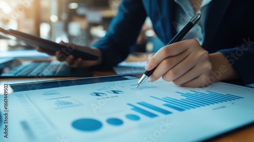 Close up, businesswoman hand using stylus pen signing on digital tablet via mobile app on office table. Graphic designer working on graphic tablet, drawing by using electronic pen