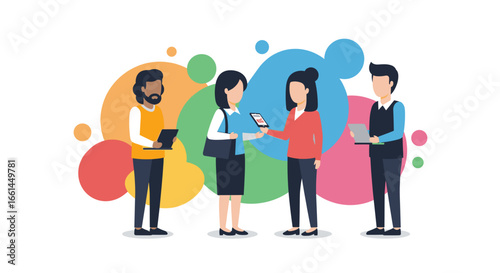 Diverse business professionals collaborate and communicate using digital devices, representing modern teamwork and technology integration in a dynamic work environment.