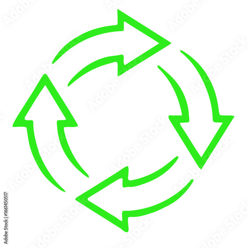 Four bright green arrows form a circular arrow symbol, representing a continuous cycle or process on a white background.