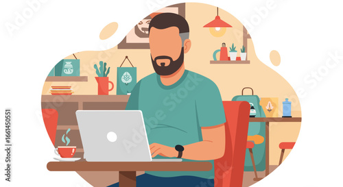 Bearded man working remotely on his laptop in a cozy cafe, enjoying a cup of coffee. Represents freelance, digital nomad, and flexible work lifestyle.