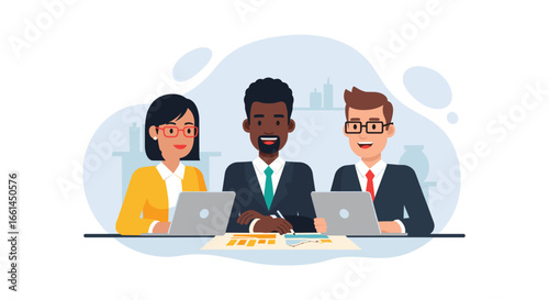 Three diverse business professionals collaborate actively in a meeting, using laptops and reviewing documents. Represents teamwork, strategy, and corporate success.