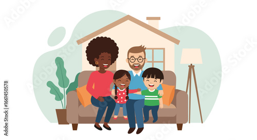 Happy diverse family with two children sitting on a sofa at home, depicting love, joy, and togetherness in a cozy domestic setting.