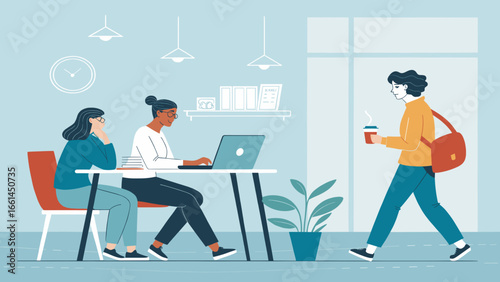 Three women in a shared workspace. One works on a laptop, another observes, and a third walks with coffee, depicting modern collaboration, productivity, and office life.