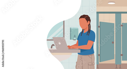 Person using laptop at a public restroom sink, illustrating remote work, on-the-go productivity, or unexpected workspace challenges.