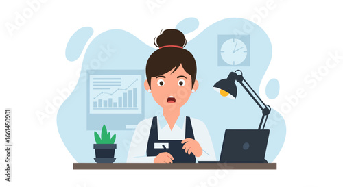 Anxious professional overwhelmed by work data at her desk, depicting stress, tight deadlines, and unexpected challenges in business.