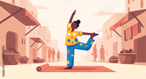 Woman in vibrant attire finds balance in a graceful yoga pose on a mat amidst a bustling city street. Illustrates wellness, urban lifestyle, and mindful living.