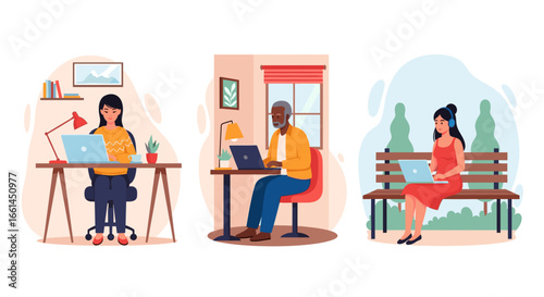 Diverse individuals working remotely on laptops from various locations: home office and outdoor park. Modern flexible work, freelance, and digital lifestyle.
