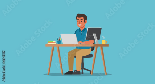 Smiling man works diligently on his laptop and monitor at a modern desk, embodying productivity and remote work efficiency.