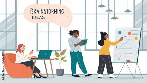 Diverse team brainstorming new business ideas in a modern office, fostering collaboration and innovation. Ideal for corporate strategy and teamwork concepts.