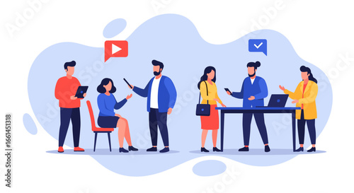 Diverse team members collaborating and communicating using digital devices in a modern business environment. Represents teamwork, innovation, and digital content creation.