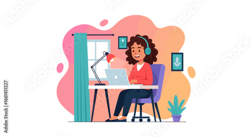 Smiling woman in headphones working remotely on laptop at her home desk, embodying productivity and modern flexible work-life balance.