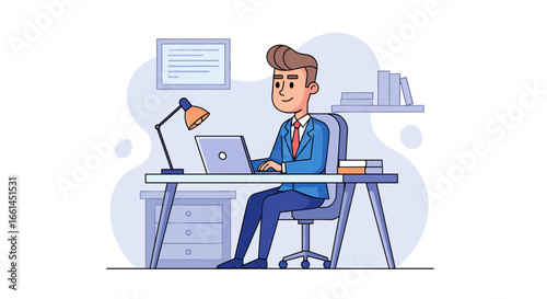 Focused businessman working diligently on his laptop at a tidy office desk, illustrating productivity, remote work, or study.