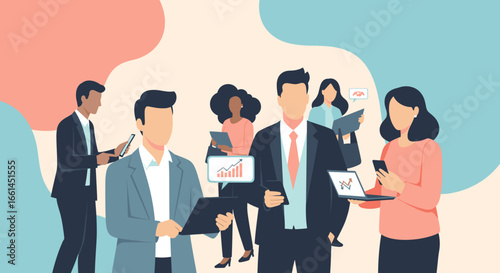 Diverse business professionals collaborate using technology, analyzing data and discussing strategy in a modern office environment. Represents teamwork, innovation, and growth.