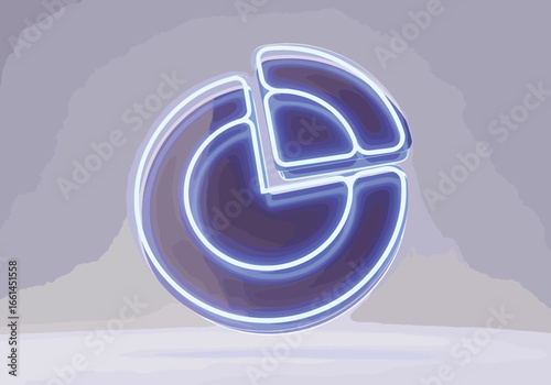 Neon glowing pie chart icon with digital segments and futuristic business analytics symbol