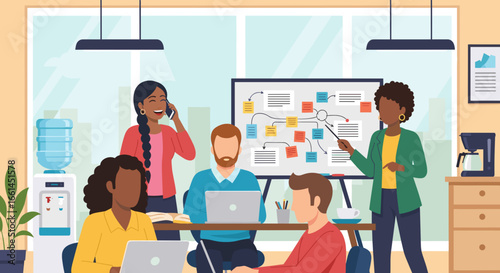 Diverse business team collaborating and strategizing in a modern office meeting, showcasing productivity and effective communication.