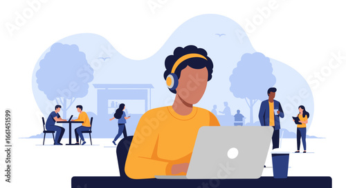 Focused person with headphones works on a laptop outdoors, embodying modern freelance work, online learning, and digital lifestyle in a public space.